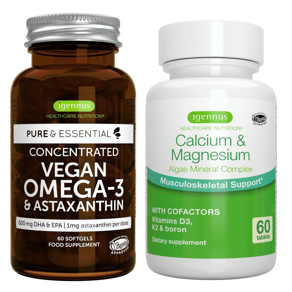 Vegan Omega-3 + Calcium & Magnesium Complex Vegan Bundle, Sustainable EPA & DHA Algae Oil 1340mg + 2: 1 Plant Based Algae Mineral Complex, by Igennus