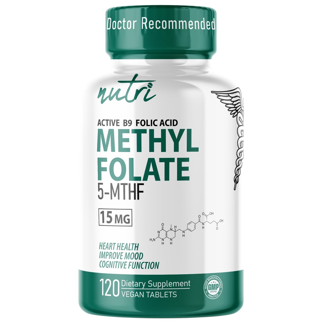Naturens Fusioner Nutri 5-MTHF L Methylfolfolat 15MG - 4 måneder Tilgang, 120 Veganske tabletter - Metyleret Folat Supplement - Kognitiv funktion, Heart Health, Prenatal Support - Metyleret folinsyre