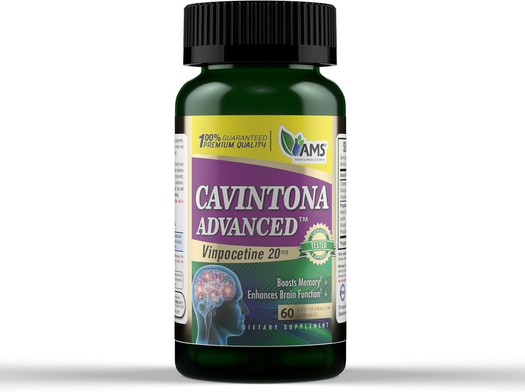 America Medic & Science Cavintona Advanced Supplement - Vinpocetine 20mg til hukommelse, genkaldelse & hjernesundhed - understøtter kognitiv funktion, fokus, mentalklarhed og blodgennemstrømning - 60 kapsler
