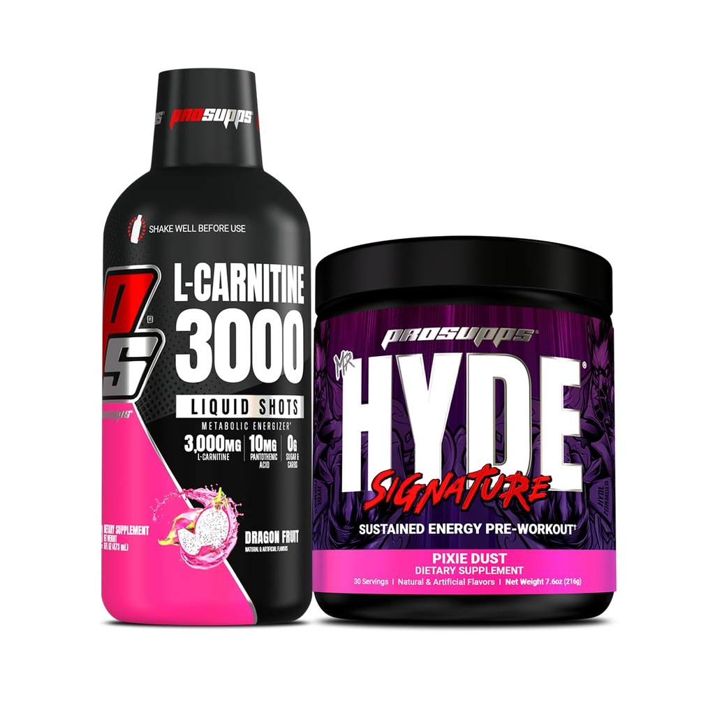 PROSUPPS L- Carnitin 3000 Stimulant Free Liquid Shots (31 Servere, Dragon Fruit) og Mr. Hyde Signature Series Pre- Workout Energy Poweded Drikke (30 Servere, Pixie Dust) Bundle