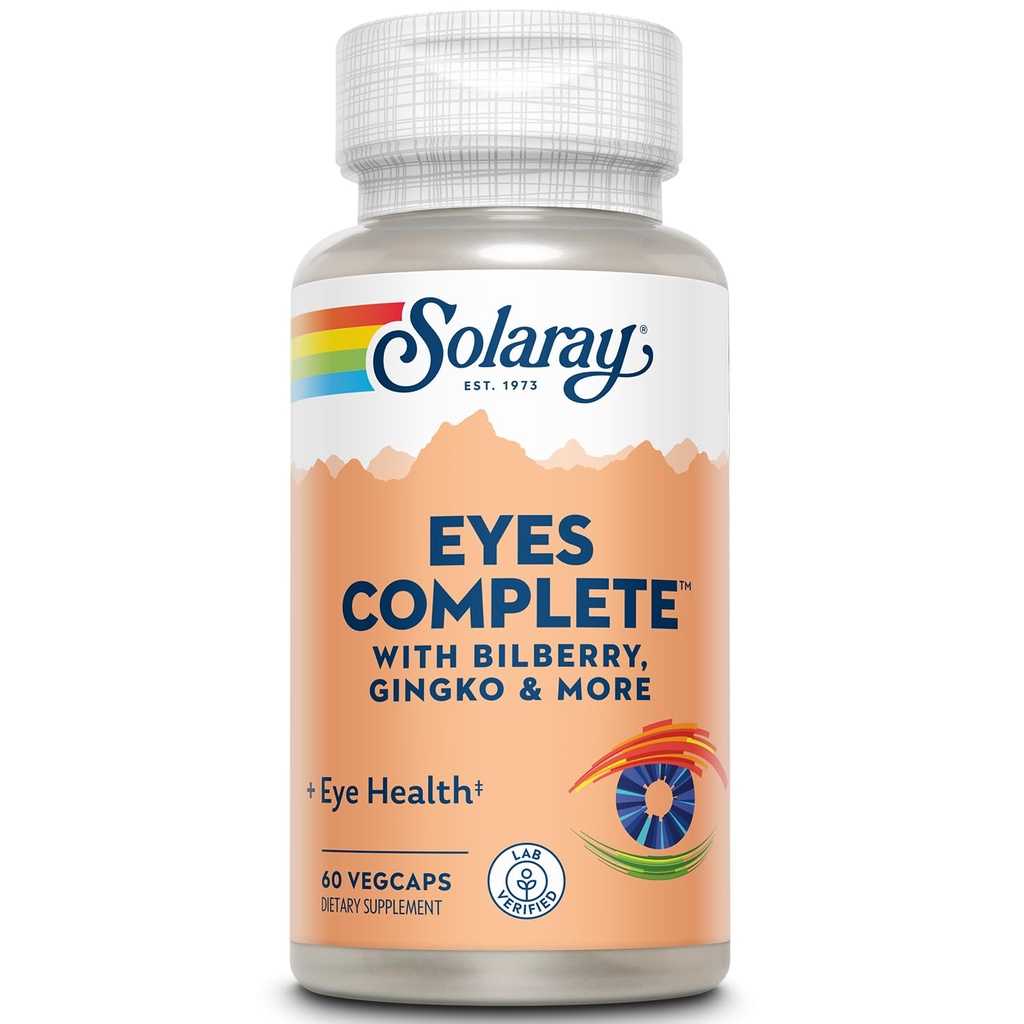 SOLARAY Eyes Complete, Vision and Eye Support Supplement with Bilberry Extract, Ginkgo, Lutein, Beta Carotene and More, Lab Verified, 60-Day Money Back Guarantee, 30 Servings, 60 VegCaps