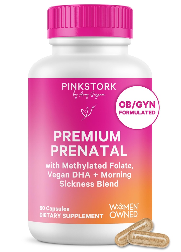 Pink Stork Premium Prenatal Vitamin til kvinder - Organic Whole- Food Ingredients, Multivitamin & Probiotika - Morgenkvalme, fordøjelse, & Energi - Folate, B6, & Jern - 60 kapsler
