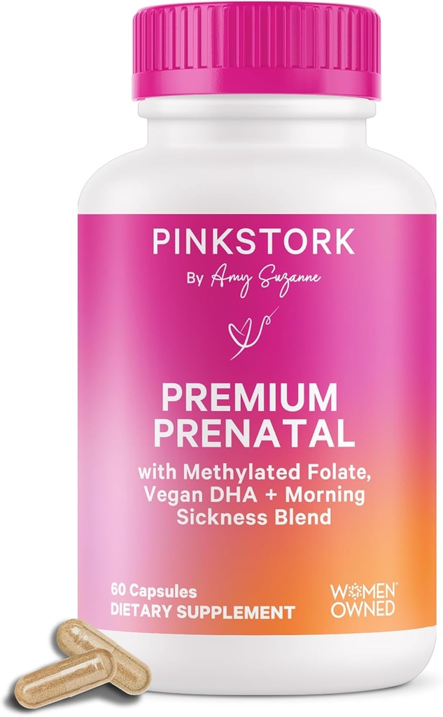 Pink Stork Premium Prenatal Vitamin til kvinder - Organic Whole- Food Ingredients, Multivitamin & Probiotika - Morgenkvalme, fordøjelse, & Energi - Folate, B6, & Jern - 60 kapsler