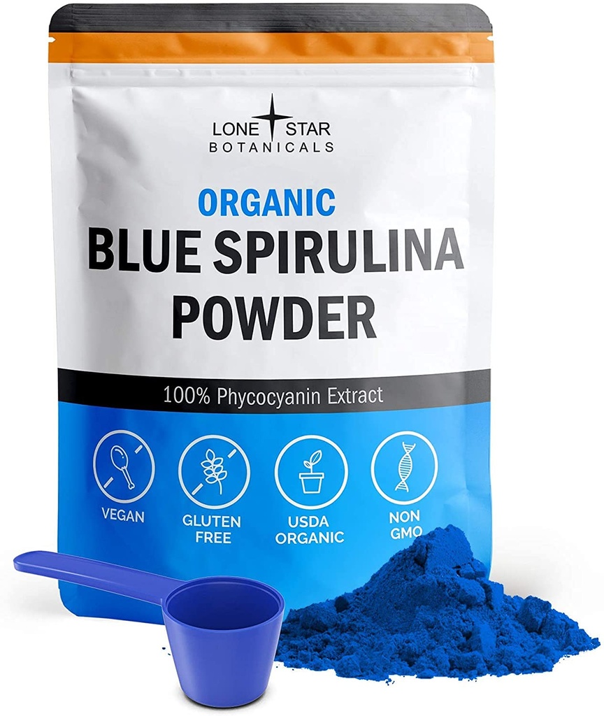Lone Star Botanicals Organic Blue Spirulina Powder - 100% Pure Blue- Green Algae, No Fishy Lugt, Vegan Superfood for smoothies & Drinks, Non GMO, Gluten- Free, Vegan