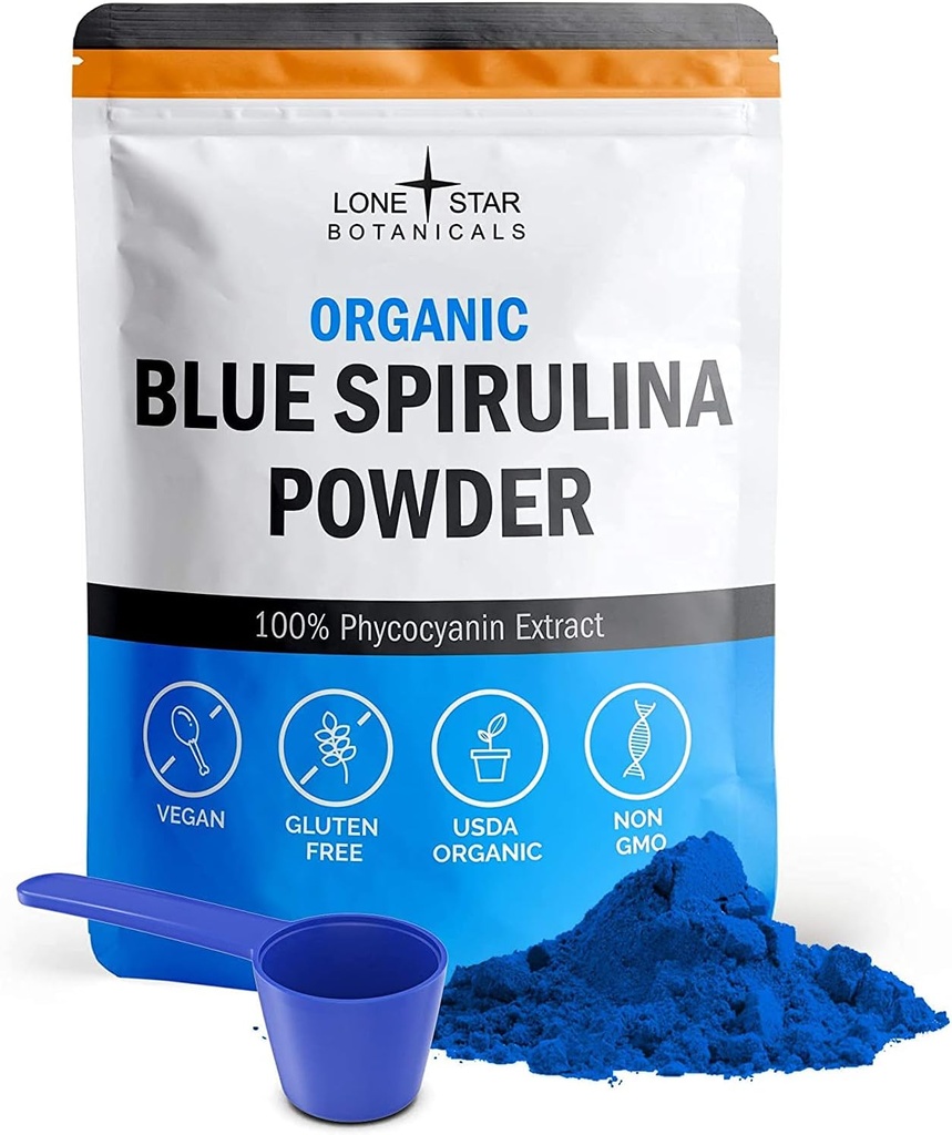 Lone Star Botanicals Organic Blue Spirulina Powder - 100% Pure Blue-Green Algae, No Fishy Smell, Vegan Superfood for Smoothies & Drinks, Non GMO, Gluten-Free, Vegan