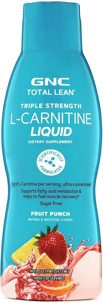 GNC Total Lean Triple Strength L- Carnitin Liquid Note 124; Understøtter Fedtsyre Metabolisme og hjælper til Fuel Muscle Recovery, Sukker Free Note 124; Frugt Punch Note 124; 16 fl.oz