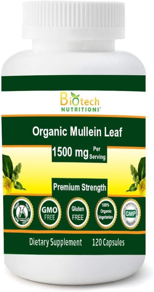 Organic Mullein Leaf 1500 mg Servering 120 Vegetabilske kapsler Lavet i USA