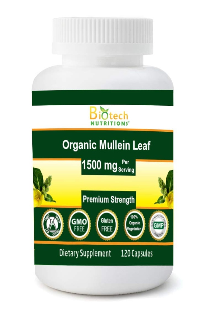 Organic Mullein Leaf 1500 mg Servering 120 Vegetabilske kapsler Lavet i USA