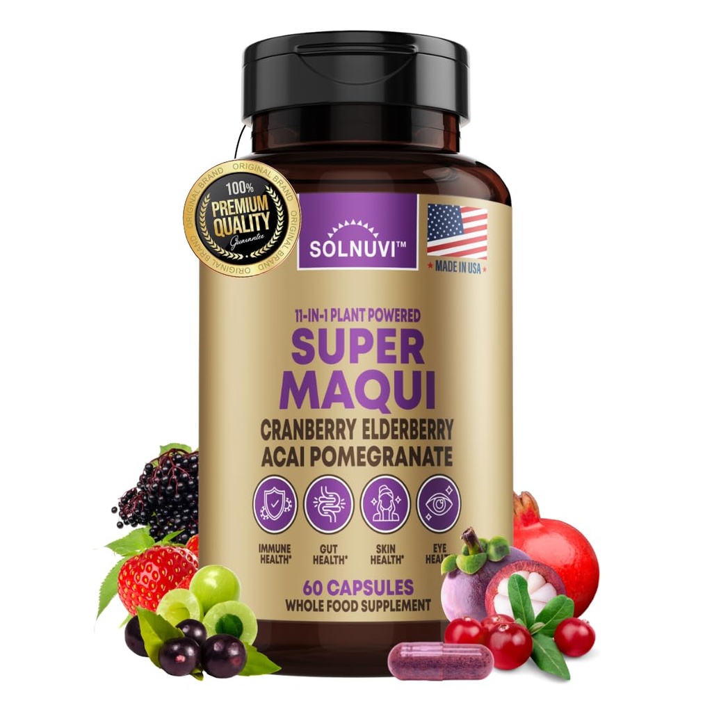 Organic Super Maqui Berry Kapsler - Superfood Powder - Elderberry Extract, Tranebær, Pomegranat, Acai - Tør Eye & Tear Support, Gut Health, Skin - 60 Vegansk Kapsler, Ikke GMO, Gluten Free Supplement