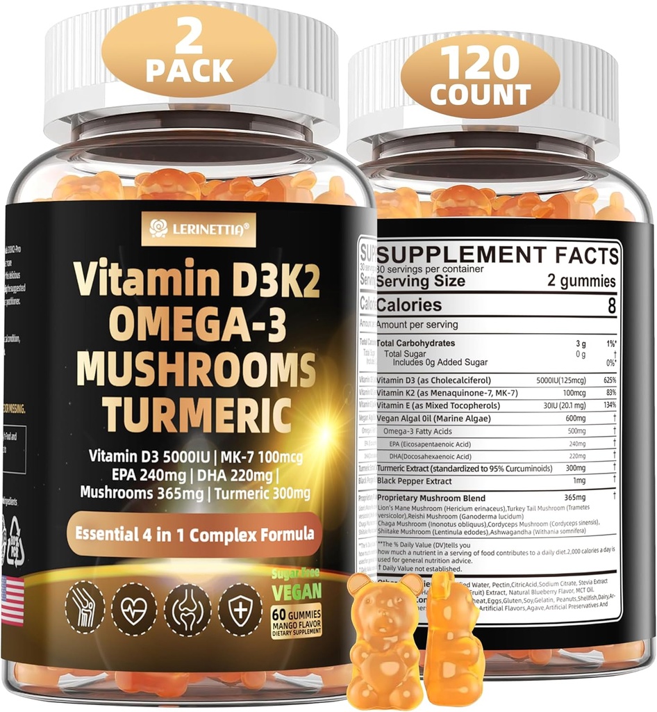 Vitamin D3 5000iu (125mcg) + Vitamin K2 (MK7) Gummies med Algae Omega 3 Buddy 124; Maksimal styrke Vitamin D3 + K2 Buddy; for ben, tænder, energi, immunforsvar, Calcium Absorption - Vegan, sukker fri, 120Ct