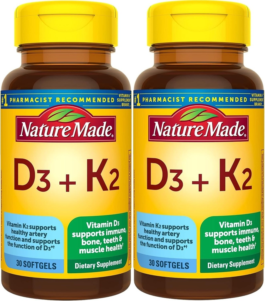 Nature Made Vitamin D3 K2, 5000 IE (125 mcg) Vitamin D, Kosttilskud til ben, tænder, muskel og immunforsvar, 30 Softgels, 30 dages forsyning - pakke med 2