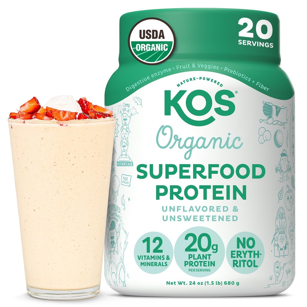 KOS Vegan Protein Powder, Unflavored & Unsweeened - Low Carb Pea Protein Blend, Organic Superfood Rich in Vitamin & Minerals - Keto, Soy, Dairy Free - Meal Erstatning for kvinder & mænd - 20 Servering