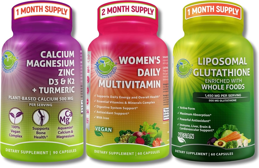 Vegan Bone & immunsupport Bundle - Liposomal Glutathione 500mg med økologiske hele fødevarer + kvinders daglige multivitamin med jern & plant- baseret calcium, magnesium, D3, K2, zink og gurkemeje