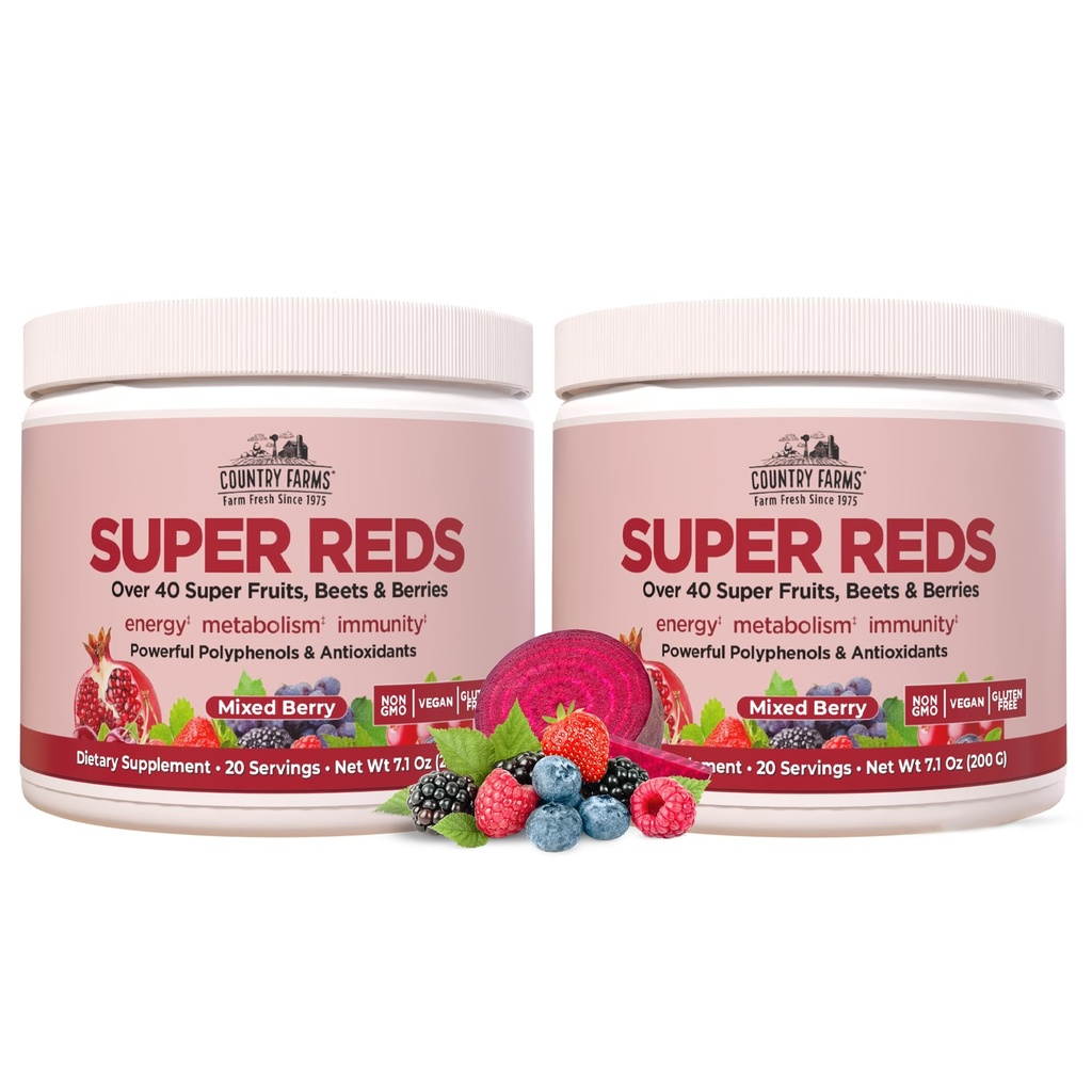 LAND FARMS Super Reds, Energiserende Polyphenol Superfood, Over 40 Super Frugter og bær, Kraftige Antioxidanter og Polyphenoler, Understøtter Energi, Understøtter cirkulering, 40 Servering, Blandede Berry