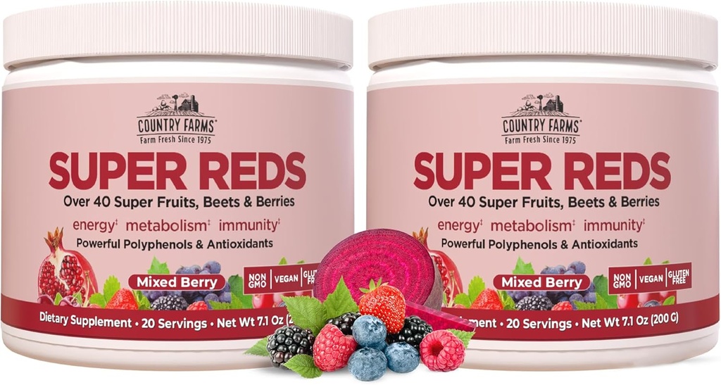 LAND FARMS Super Reds, Energiserende Polyphenol Superfood, Over 40 Super Frugter og bær, Kraftige Antioxidanter og Polyphenoler, Understøtter Energi, Understøtter cirkulering, 40 Servering, Blandede Berry