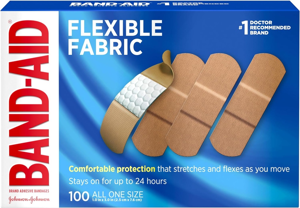 Band- Aid Brand Fleksible Fabric Steril Adhesive Bandages, Komfortabel Cushioned Sårpleje & Beskyttelse for Mindre Cuts, Scrapes & Burns, Førstehjælp, Hurt- Free Comfort Pad, One Size 1x3 In, 100 Greve