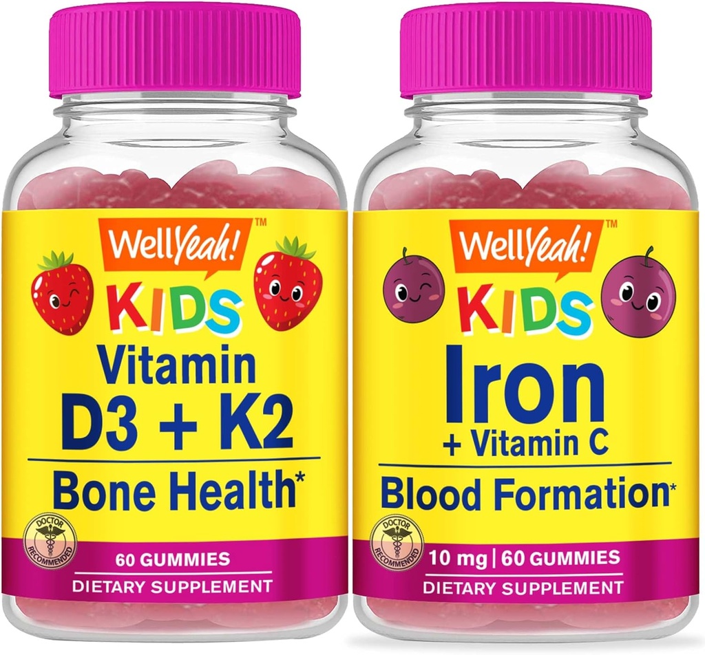 WellYe Vitamin D3 + K2 Kids + Iron + C Vitamin Kids, Gummies Bundle - Great Tasting, Vitamin Supplement, Gluten Free, GMO Free, Chewable Gummy
