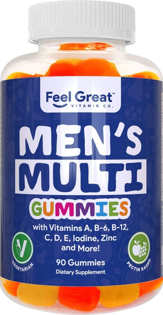 Mænds Multivitamin Gummies, pakket med vitamin A, B-6, B-12, Biotin, C, D3, E, jod, folinsyre, zink. Lavet i USA. 45 Dagforsyning