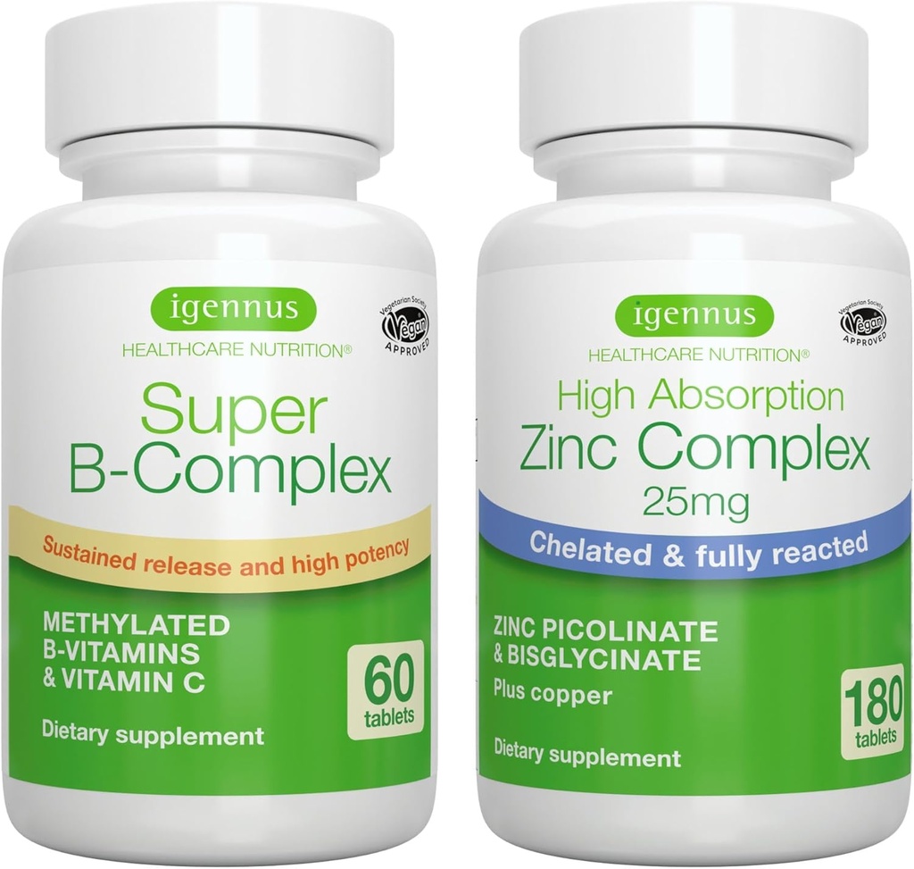 Super B- Complex + Zink Complex Vegan Bundle, Metyleret Sustained Release B Complex + 25mg Chelated Zink Picolinate & Bisglycinate med kobber, af Igennus