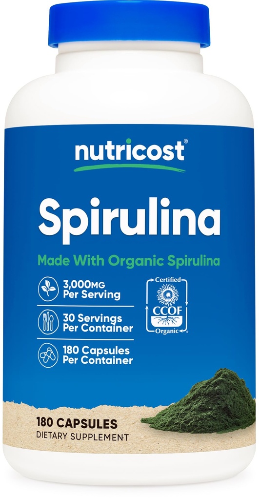 Nutricost Spirulina 3,000mg, 180 kapsler til 30 Servering - CCOF Certified Made with Organic Spirulina, Gluten Free, Vegetar
