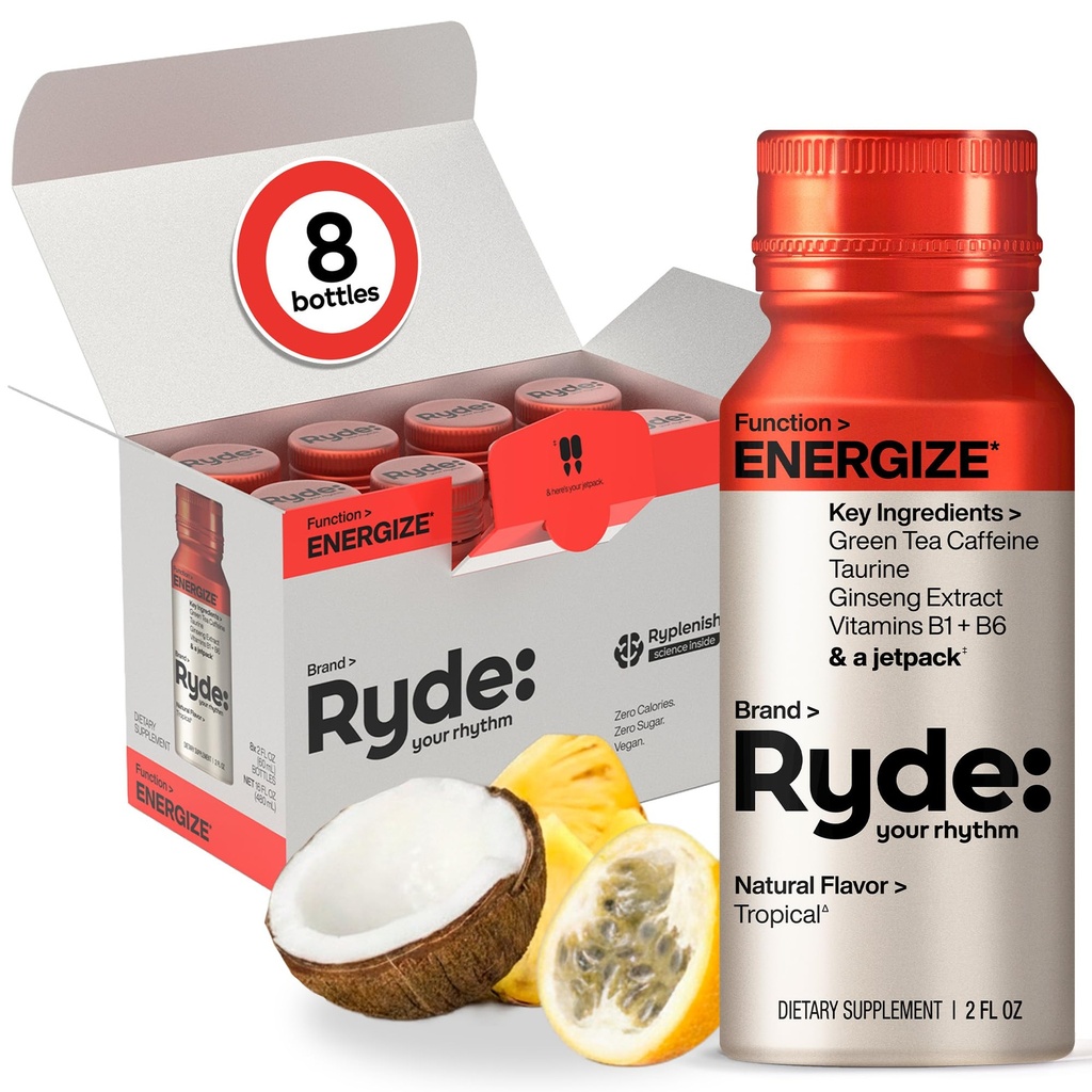 Ryde: Energize Shot Dex124; Tropical Flavor Dex124; Green Tea Coffein, Taurine, Ginseng Extract & B Vitamin Dex124; 0 Kalorier, 0 Sukker Dex124; 2 FL OZ Skud Dex124; Øger energi * (8 Pack)