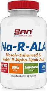 SAN 's Na- R- ALA - stabiliseret R- Alpha lipoinsyre 125mg per servering [høj potens & øget absorption], 60 kapsler