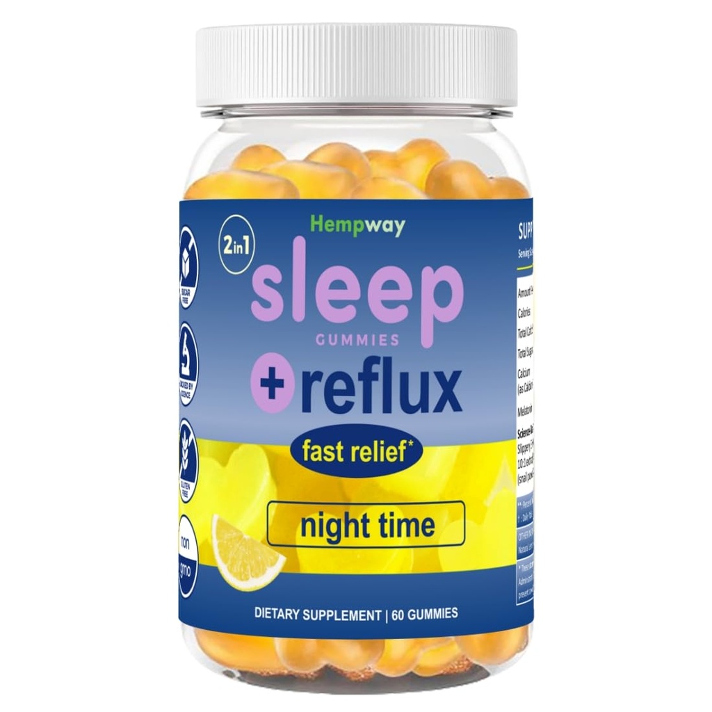 Reflux Raft Antacida Gummies Meap 124; Fast Fungerende 124; 2 i 1 søvn og syre Reflux Relief Nighttime Meap 124; klinisk Studerede Ingredienser Meap 124; Non- GMO Gluten Free Sugar Free Meap 124; Lemon 60 Vegan Gummies