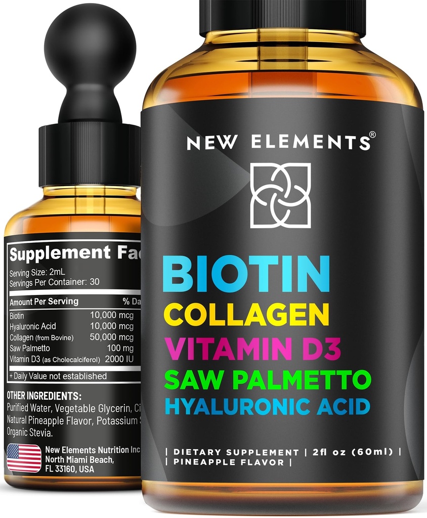 Flydende biotin til hårvækst kvinder & mænd 10000mcg stålet 124; biotin og kollagen kosttilskud med saw palmetto & hyaluronsyre stålet 124; biotin dråber til hårvækst med vitamin D3 til hår hud og negle