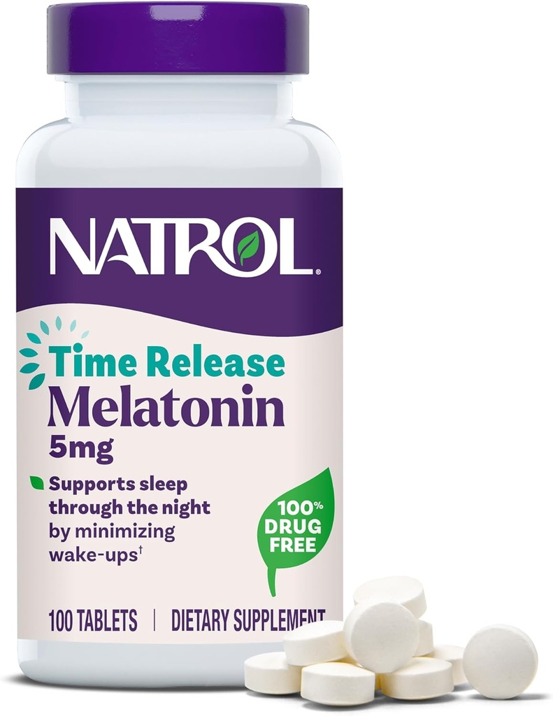 Natrol Melatonin 5 mg tidsfrigivelse, Kosttilskud til Minimize Wake Ups, Nighttime Sleep Aid, 100 tabletter, Op til en 100 dages forsyning