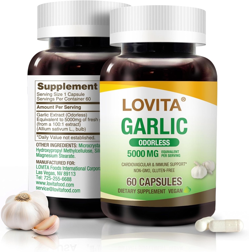 Lovita Odorless hvidløg kapsler, 5000mg Frisk hvidløg Ækvivalent, 1,25% Allicin ekstrakt, Understøtter hjerte, blodtryk, Cholesterol & immunsystem, Non- GMO, Gluten- fri, 60 Vegan kapsler