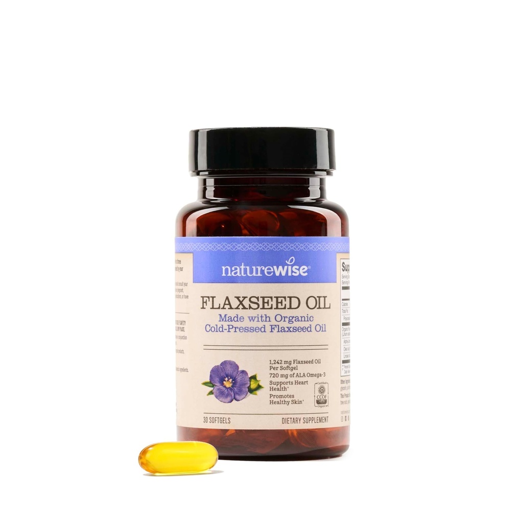 NatureWise Flaxseed Oil 1200 mg, Fish Free Omega 3 6 9 med 720mg ALA, Kosttilskud til hjertesundhed - Økologisk, kold presset, non-GMO - 30 Softgels [1-måned Supply]