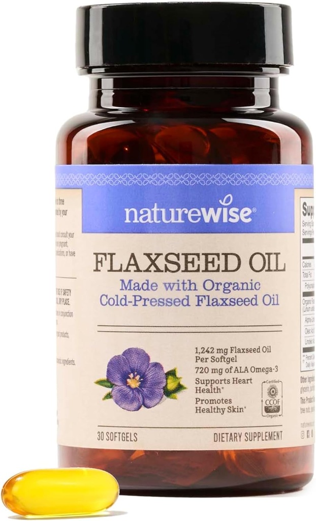 NatureWise Flaxseed Oil 1200 mg, Fish Free Omega 3 6 9 med 720mg ALA, Kosttilskud til hjertesundhed - Økologisk, kold presset, non-GMO - 30 Softgels [1-måned Supply]