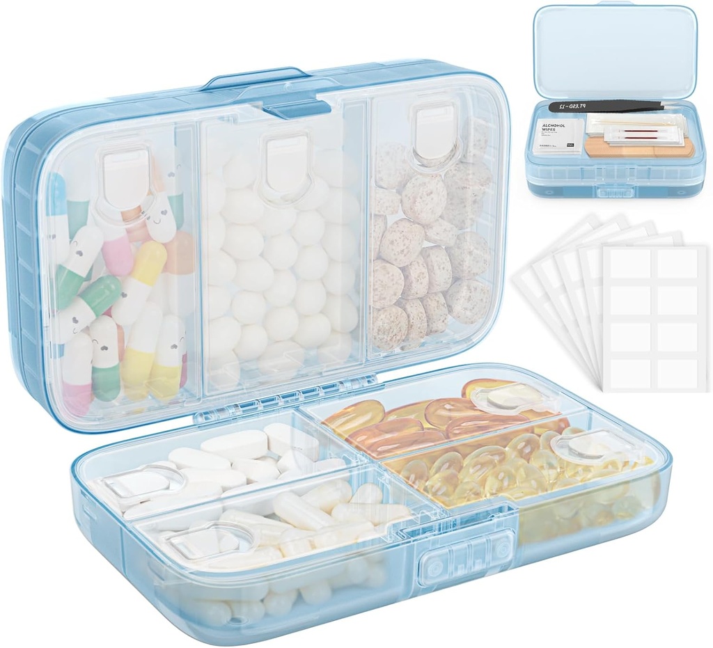 FEST Weekly Pill Organizer med etiketter, 8 Compartments Travel Daily Pill Case lufttæt Fugtfast Stor Pill Box til at holde vitaminer, fiskeolie, kosttilskud, bomuld swab og Bandages- blå