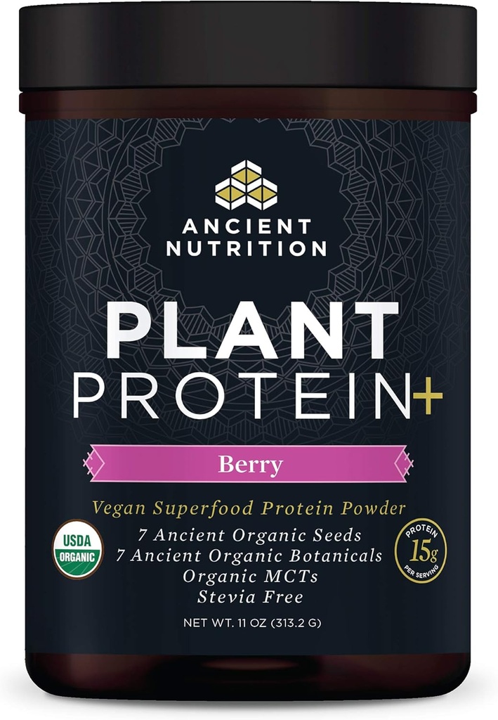 Ancient Nutrition Plant Based Protein Powder, Plant Protein +, Berry, Organic Vegan Superfoods Supplement, 15g Protein Per Servering, Great for Protein Shakes, Gluten Free, Paleo Friendly 12 Serveringer
