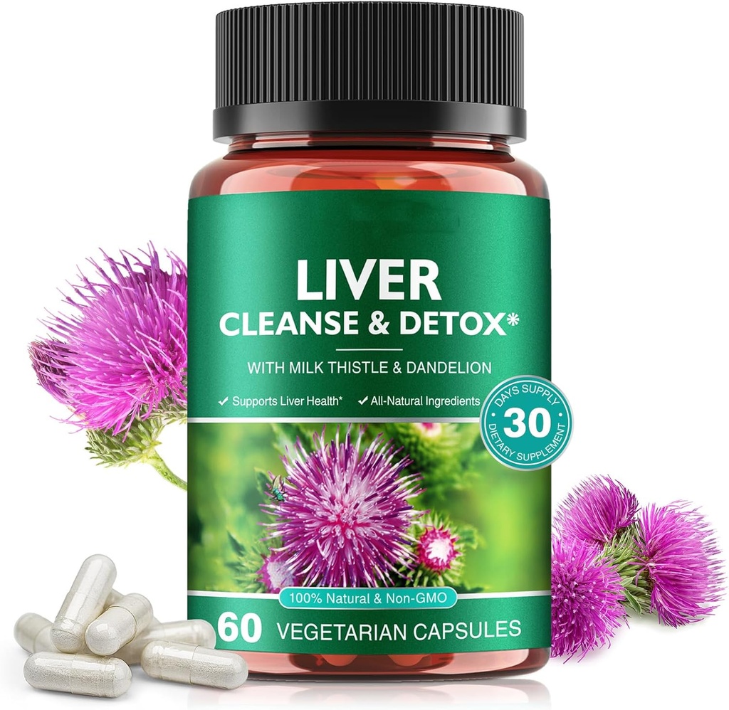 Leverrens & Detox piller til leversundhed reparation - med mælk tidsel ekstrakt, Mælkebøtte rod, Ingefær, Beetroot pulver & vitaminer - Naturlig leverstøtte, 60 Veganske kapsler