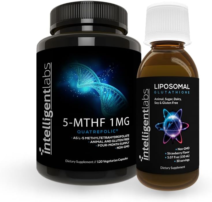 Intelligent Labs 2- in-1 Bundle of 500MG Liposomal Glutathion (Flydende Antioxidant Supplement) og 1MG 5- MTHF Methylfolat som Quatrebolsyre ® (MTHFR Supplement for Methylering Support)