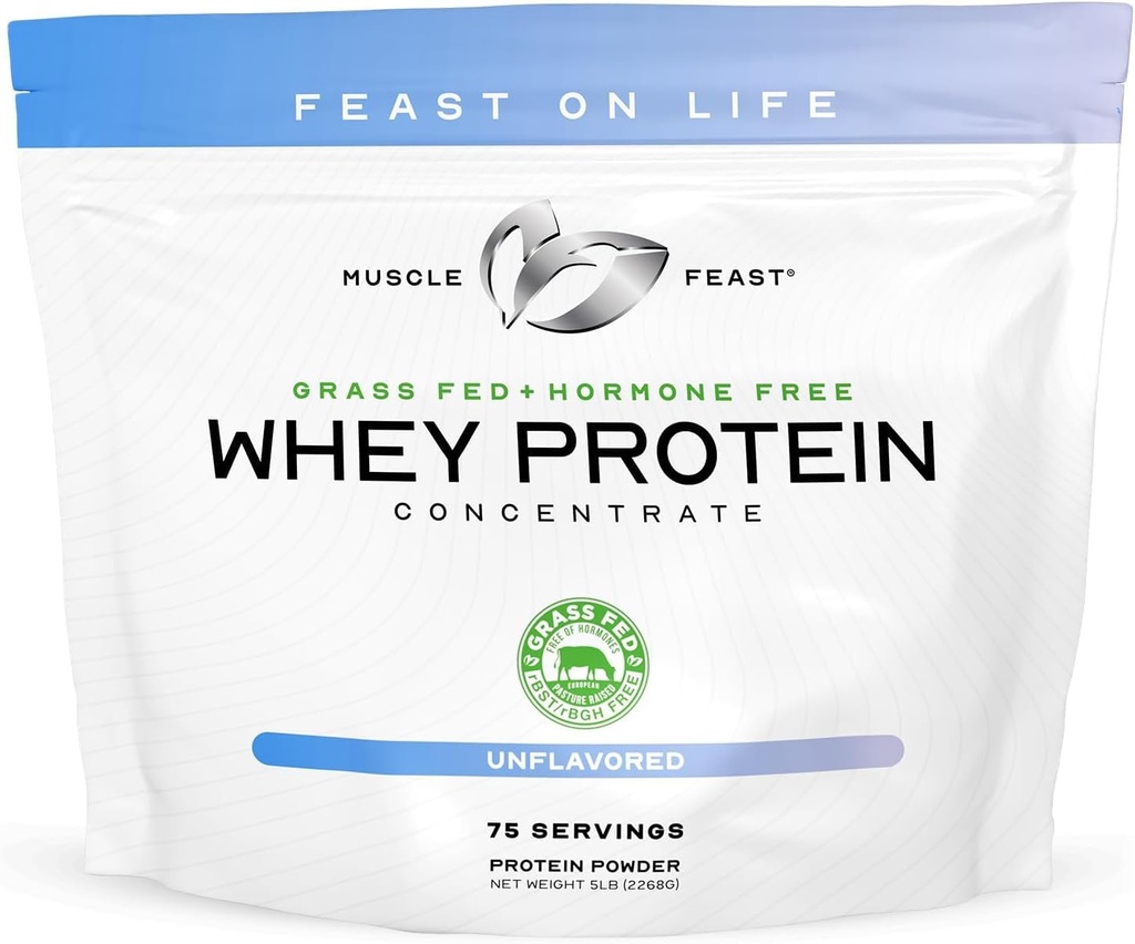Muscle Feast Grass-Fed Whey Protein Concentrate Powder, All Natural, Hormone Free Pasture Raised Whey Protein Powder for Women & Men, Clean, Non-GMO & Gluten Free Whey Concentrate - Unflavored, 5lb