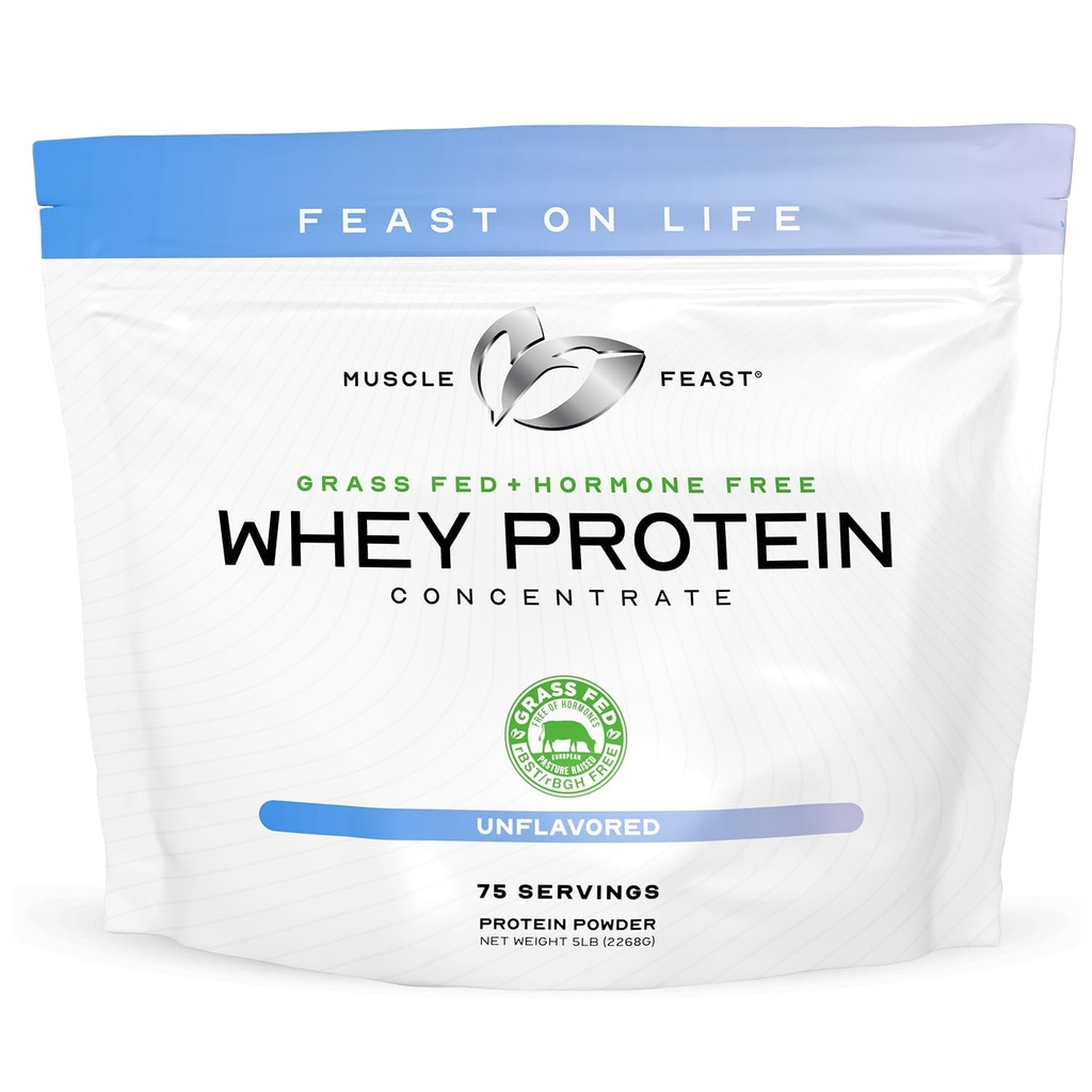 Muskel Feast Grass- Fed Whey Protein Concentrate Powder, All Natural, Hormone Free Pasture Raised Whey Protein Powder for Women & Men, Clean, Non- GMO & Gluten Free Whey Concentrate - Unflavored, 5lb