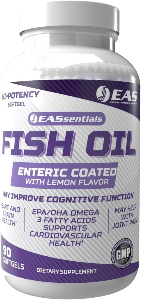 Experimental and Applied Sciences High Potency Fish Oil against 124; EPA + DHA Omega- 3s Fedtsyrer til hjerte & Hjerne Health against 124; Gluten Free, Non GMO has 124; Enteric coated with Lemon Flavor against 124; 90 Softgels