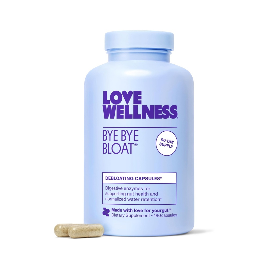 Love Wellness Bye Bloat, fordøjelsesfremmende enzymer • 124; Bloating Relief for kvinder • 124; Hjælp med at reducere gaslindring & vand retention • 124; Understøtter fordøjelsessundhed med bukkehorn & Mælkebøtte • 124; 180 Tæl