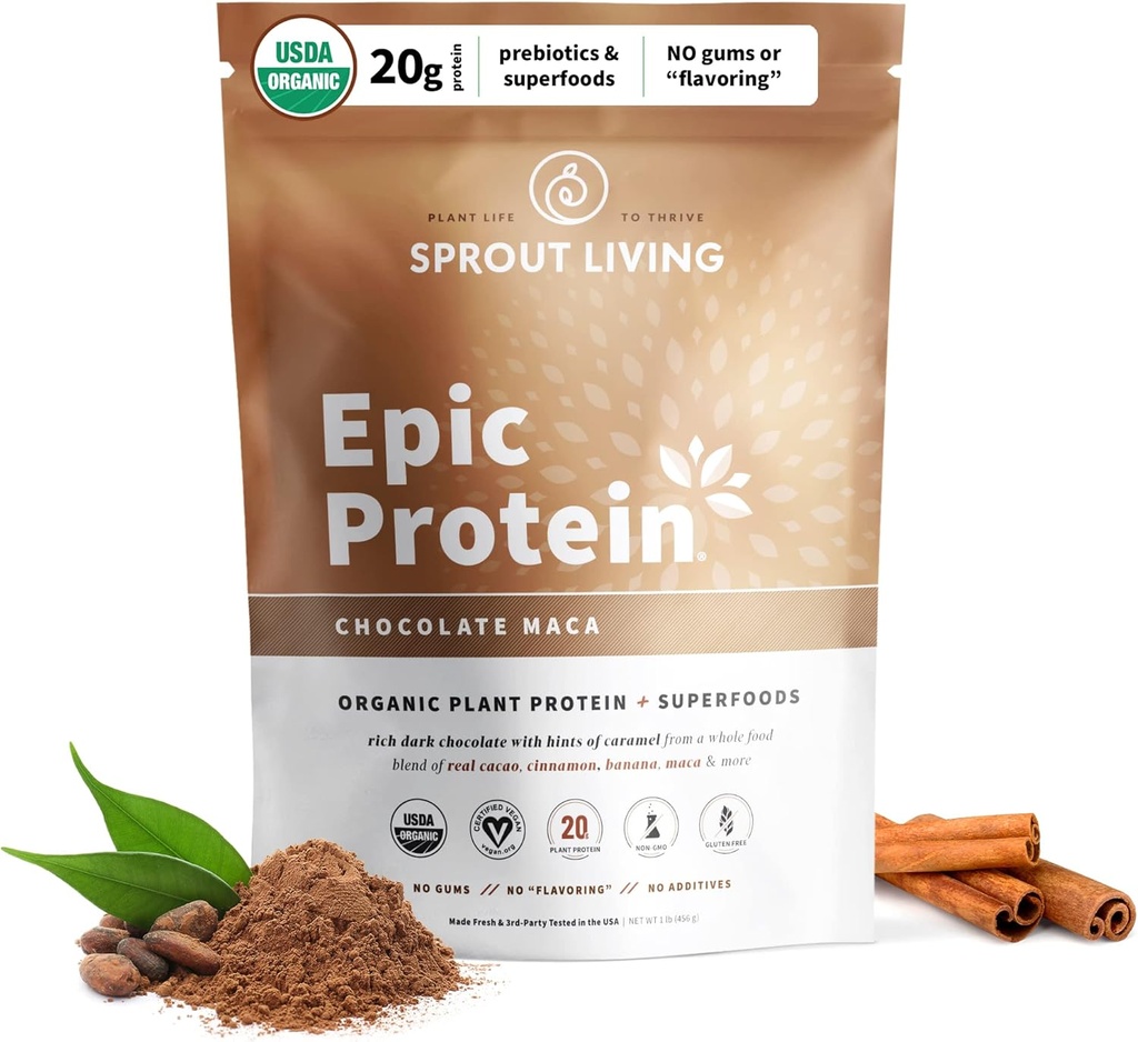 Sprut Living Epic Protein, Plant Based Protein & Superfoods Powder, Chokolade Maca Powder Dex124; 20 Grams Organic Protein Powder, Vegan, Non Dairy, Non- GMO, Gluten Free, Low Sugar (1 Pound, 12 Servere)