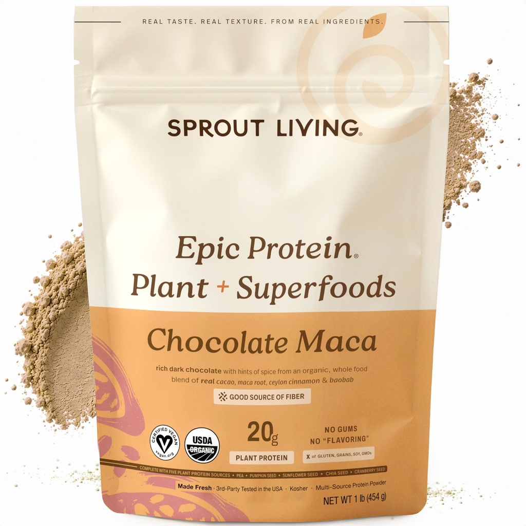 Sprut Living Epic Protein, Plant Based Protein & Superfoods Powder, Chokolade Maca Powder Dex124; 20 Grams Organic Protein Powder, Vegan, Non Dairy, Non- GMO, Gluten Free, Low Sugar (1 Pound, 12 Servere)