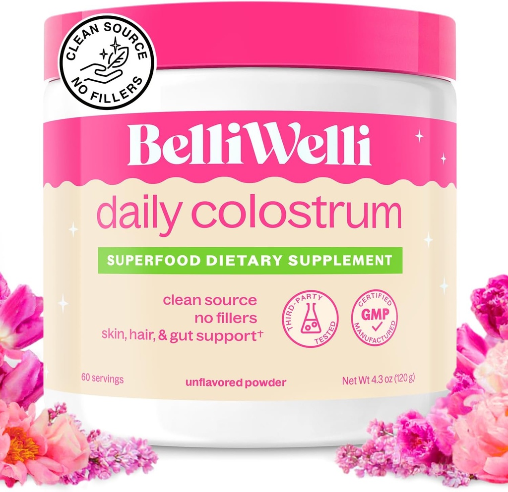 Belli Welli Premium Bovine Colostrum Powder | Organic, Grass-Fed | High Potency | Gut Health, Immune & Skin Support | Superfood Supplement for Adults (60 Servings)