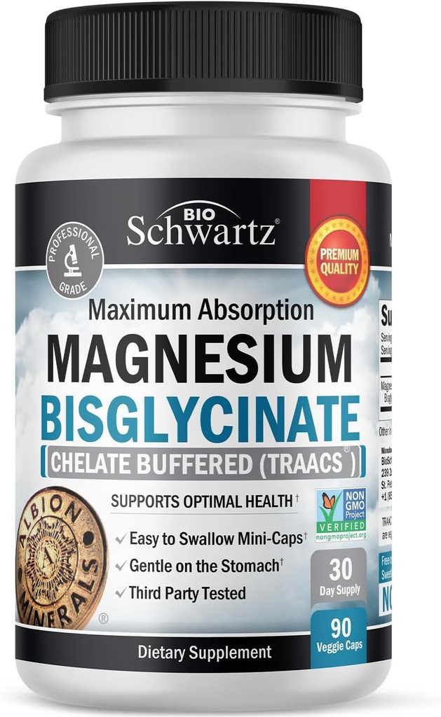 Magnesium Bisglycinate 100% chelat No- Laxative Effect - Maksimal Absorption & Biotilgængelighed, Fuldt Reaged & Buffered - Sund energi Muskelben & fælles støtte - Non- GMO projekt Verificeret - 90 ct