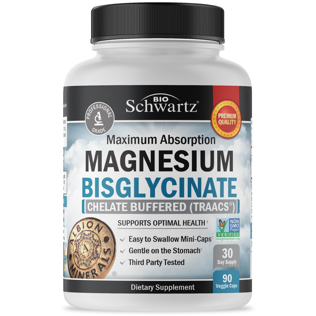 Magnesium Bisglycinate 100% chelat No- Laxative Effect - Maksimal Absorption & Biotilgængelighed, Fuldt Reaged & Buffered - Sund energi Muskelben & fælles støtte - Non- GMO projekt Verificeret - 90 ct