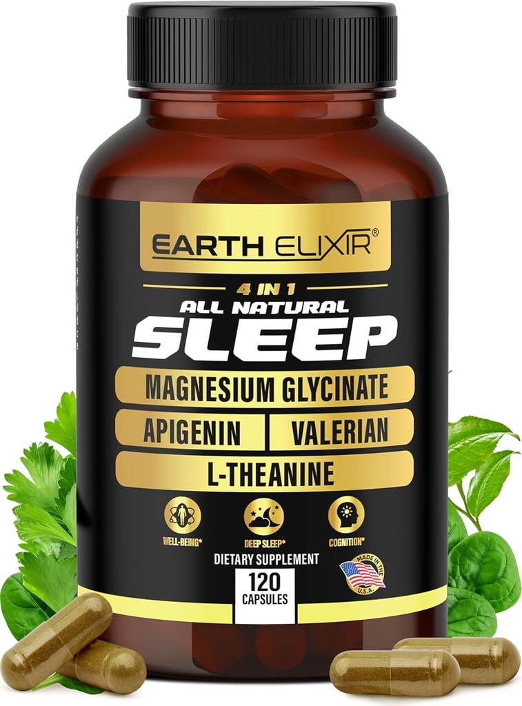 Earth Elixir 4- in-1 Sleep Aid (120 Caps) w / Apigenin 50mg, Magnesium Glycinat 200mg, L Theanine 200mg & Valerian Root for Sleep Aid 300mg 124; Apigenin Supplement for Sleep Budding 124; Sleeping Pills