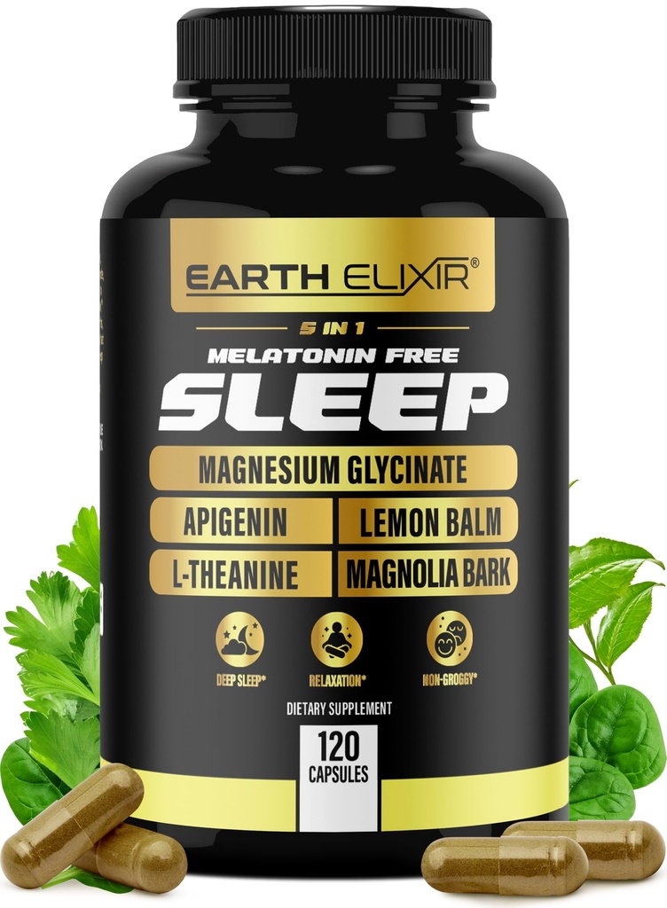 Earth Elixir 4- in-1 Sleep Aid (120 Caps) w / Apigenin 50mg, Magnesium Glycinat 200mg, L Theanine 200mg & Valerian Root for Sleep Aid 300mg 124; Apigenin Supplement for Sleep Budding 124; Sleeping Pills