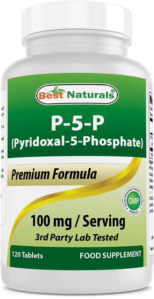 Bedste Naturals P5P Vitamin B6 (Pyridoxal 5 Phosphat) 100 mg / servering - 120 tabletter - en aktiv form for vitamin B6.