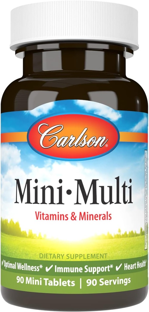 Carlson - Mini- Multi, vitaminer og mineraler, immunforsvar & hjertesundhed, optimal wellness, 90 mini tabletter.