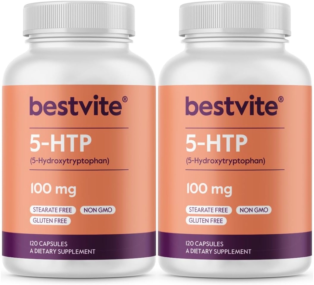 BESTVITE 5- HTP 100mg (240 kapsler) (120 x 2) - Ingen Stearates - Ingen Flow Agents - Ikke GMO - Gluten Free